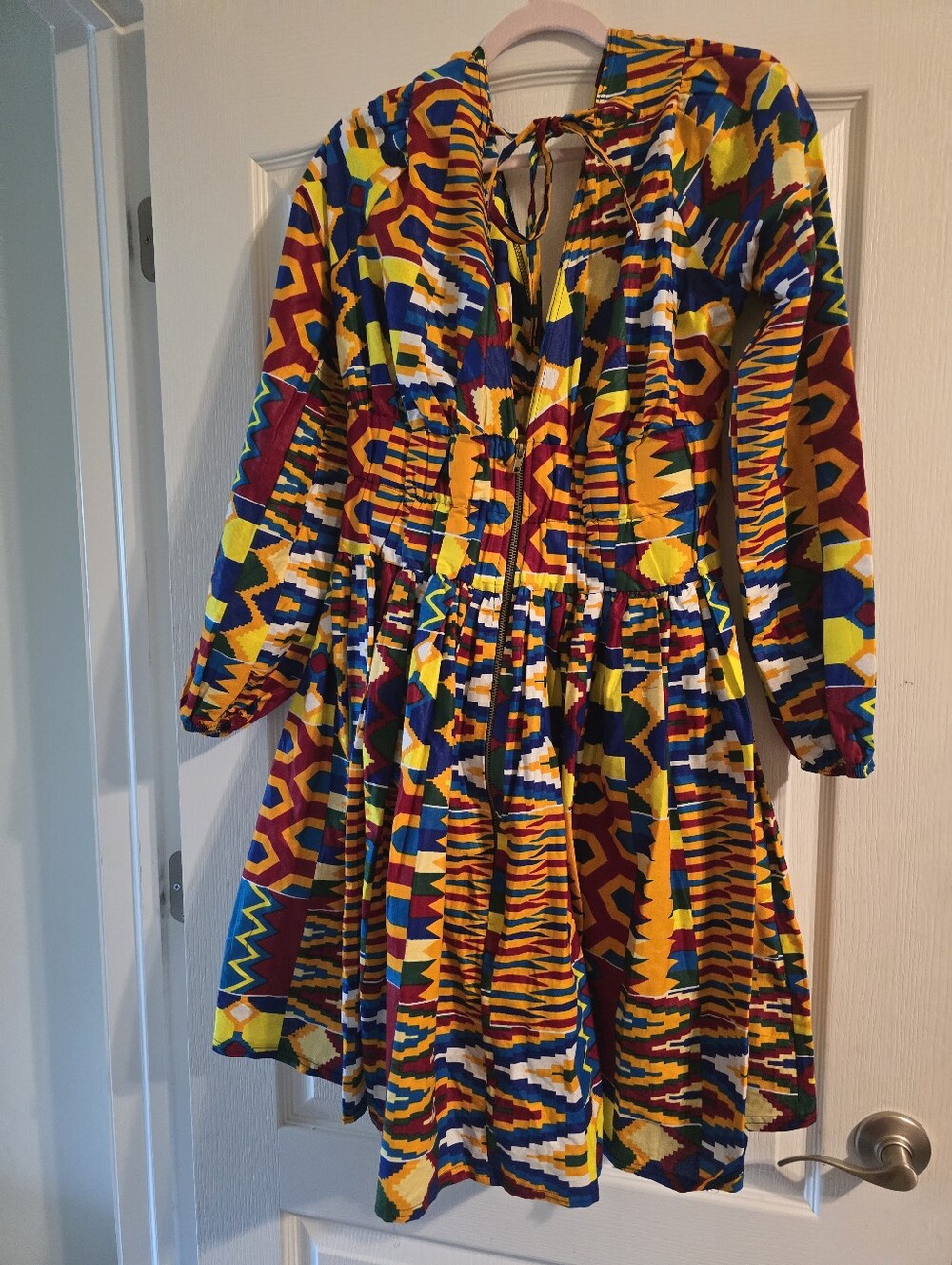 GRASS FIELDS African Print Ethnic Fit And Flare Hi-Lo Puff-Sleeve Dress US10 - Picture 5 of 6